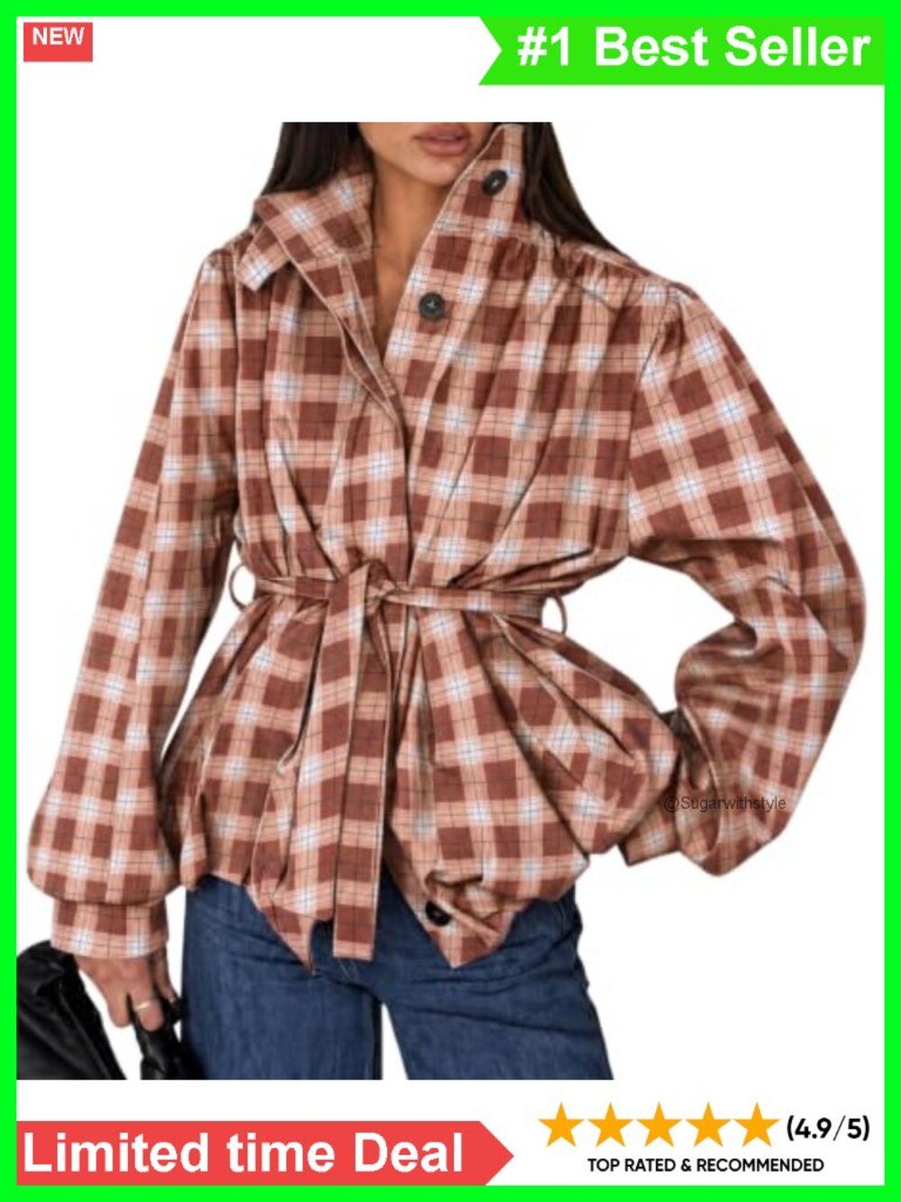 Lightweight Belted Trench Coat Puff Sleeve Plaid Casual Jacket